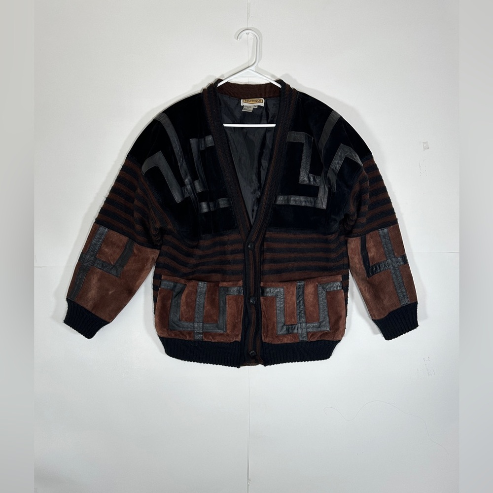 Vintage Technique Suede Leather Wool Cardigan Size Medium Cosplay 1990s RARE